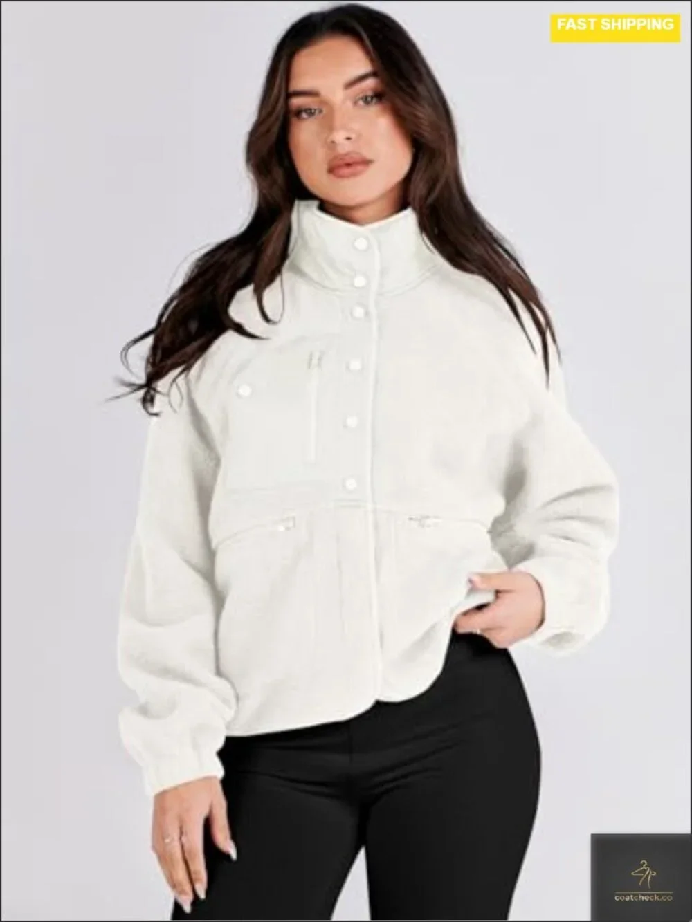 Fuzzy Fleece Button Down Cropped Sherpa Coat with Pockets